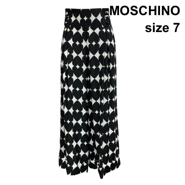 □ モスキーノ MOSCHINO ワイドパンツ ハートプリント 裾ダブル サイドファスナー カジュアルパンツ 白 黒 シルク S 7号 レディース Z6C807