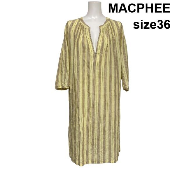 □ マカフィー MACPHEE ワンピース 七分袖 ミモレ丈 Iライン ストライプ 黄色 ブラウン 麻100% リネン 36 S 7号 レディース S6F384