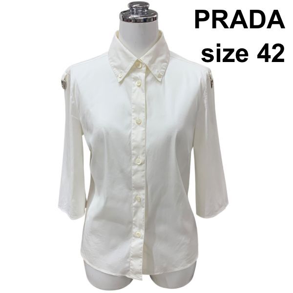 □ プラダ PRADA ドレスシャツ ボタンダウン 半袖 ブラウス トップス 伸縮性有り 白 綿混 42 M～L 11号 レディース Z6C289