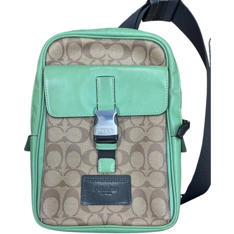 COACH コーチ トラック パック・カラーブロック CR268 ブラウン×グリーン シグネチャー キャンバス×スムース カーフレザー ボディバッグ メンズ 【中古】 12606K158
