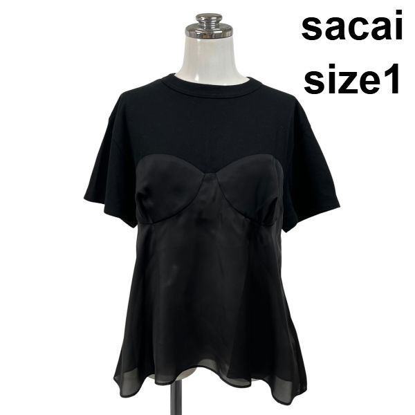 ◇ サカイ sacai Tシャツ カットソー クルーネック 半袖 ビスチェディテール シアー 異素材 黒 コットン 1 M 9号 レディース S6F332