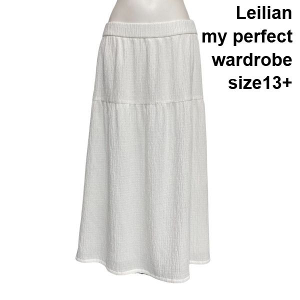 □ レリアン Leilian ロングスカート フレア ティアードデザイン Aライン ワッシャー加工 白 コットン混 13+ XL 13号 レディース S6F360