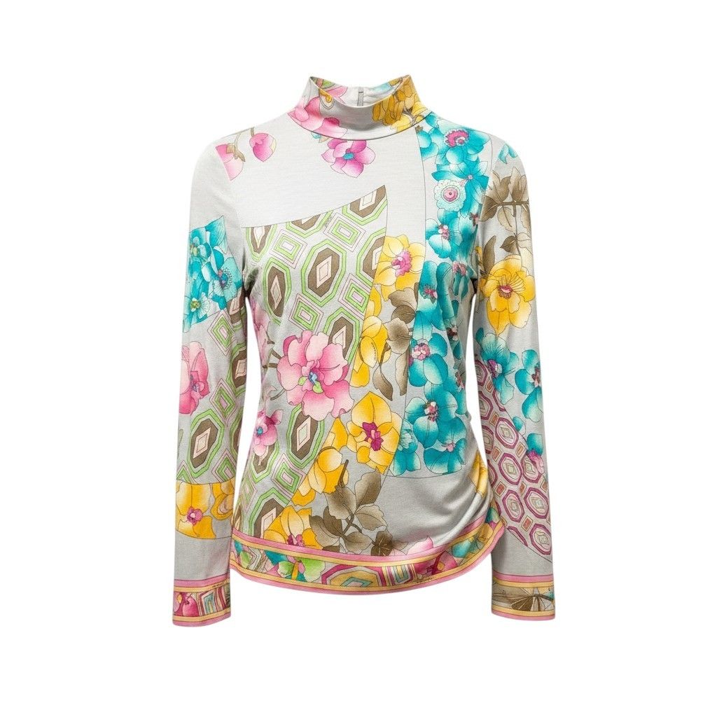 40f15 LEONARD FASHION レオナール ハイネック ロングスリーブカットソー 美しい花柄プリント トップス サイズ38 ライトグレー系 レディース 女性服u02t