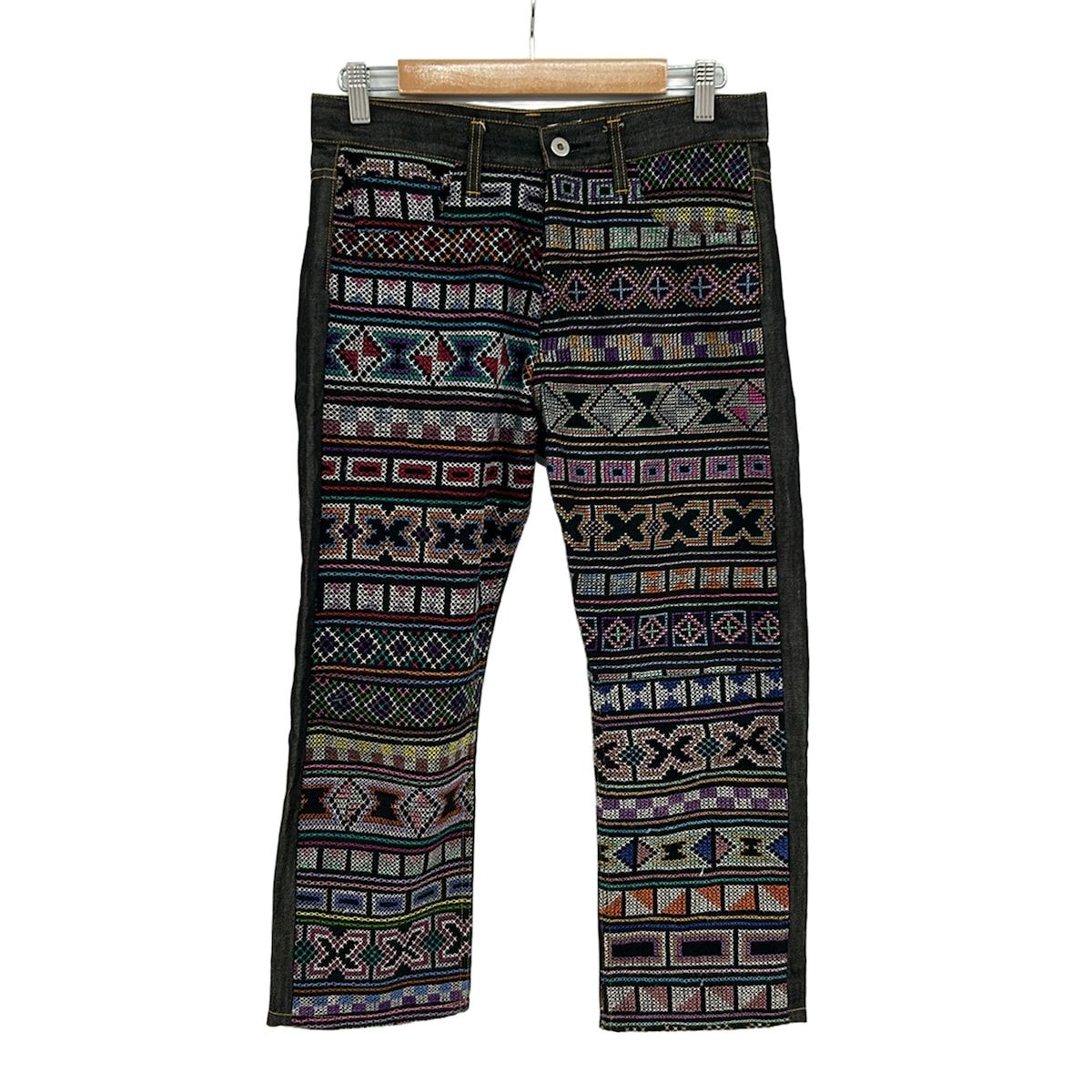 COMMEdesGARCONS JUNYA WATANABE(コムデギャルソンジュンヤワタナベ) ジーンズ サイズXS レディース - 黒×マルチ クロップド(半端丈)/刺繍