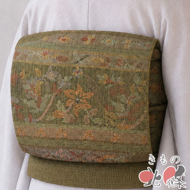 夏物 夏帯 名古屋帯 なごや帯 未使用 正絹 紬地 カジュアル 仕立て上がり すくい織り 花の図 璃寛茶色 多色 きもの北條 A1379-19