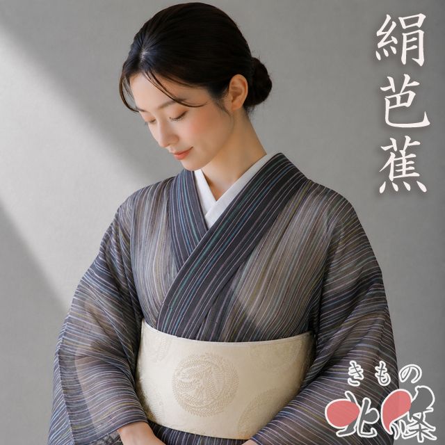 特選 夏物 夏着物 絹芭蕉 着物 中古 正絹 竹縞模様 ラベル付き 越後屋 たとう紙付き 墨色 多色 身丈158.5cm 裄64cm M きもの北條 A1379-2