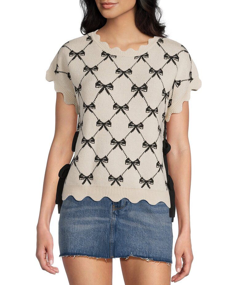 ブルーペッペーブルーペッパー レディース アウター ニット・セーター セーター ニット Blu Pepper Bow Pattern Knit Short Sleeve Tie Side Sweate