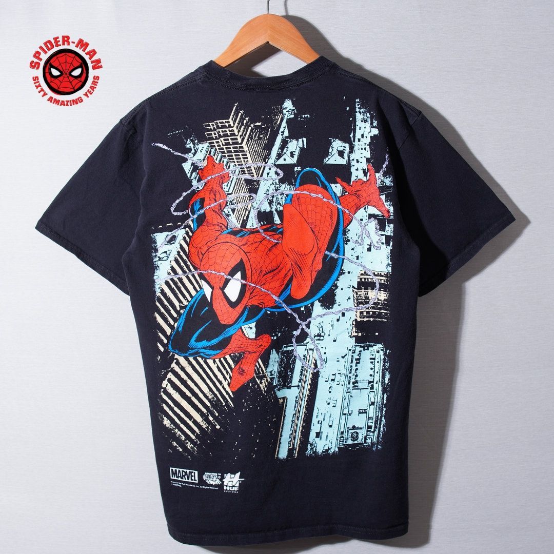 HUF × MARVEL ハフ マーベル Tシャツ M ブラック スパイダーマン Spider-Man キャラT アニメT コラボT アメコミ ストリート ビッグプリント ヘビーウエイト 古着 T263