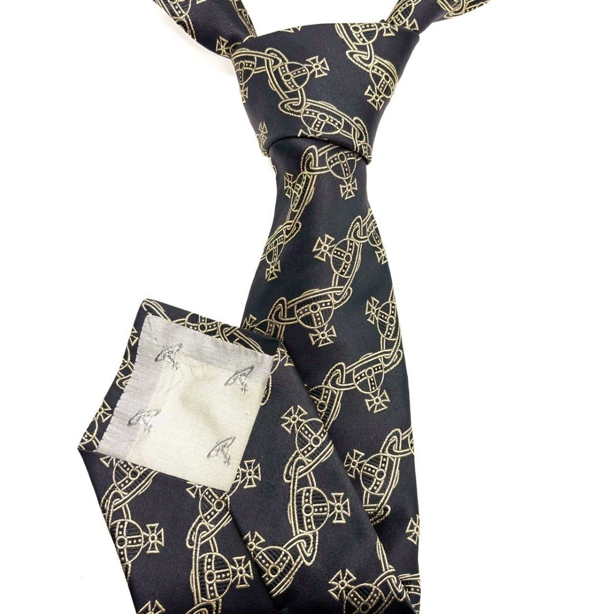 【胸元で語る個性】　Vivienne Westwood　ネクタイ オーブ 総柄 シルク ビジネスカジュアル　ゴールド ブラック