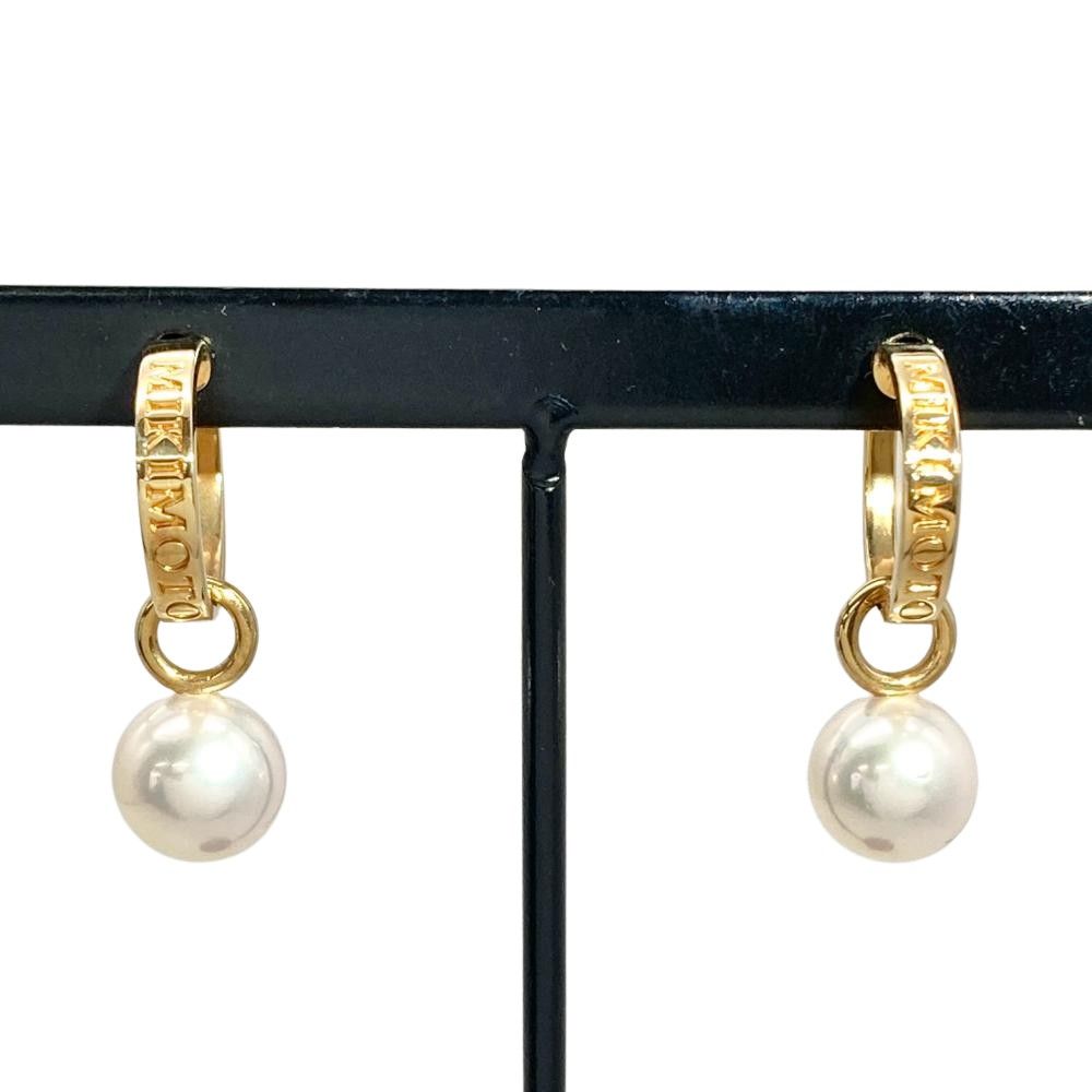 ミキモト MIKIMOTO ロゴ パールチャーム 7.5mm イヤリング K18YG 4.4g 真珠 イエローゴールド フープ スイング レディース【中古】