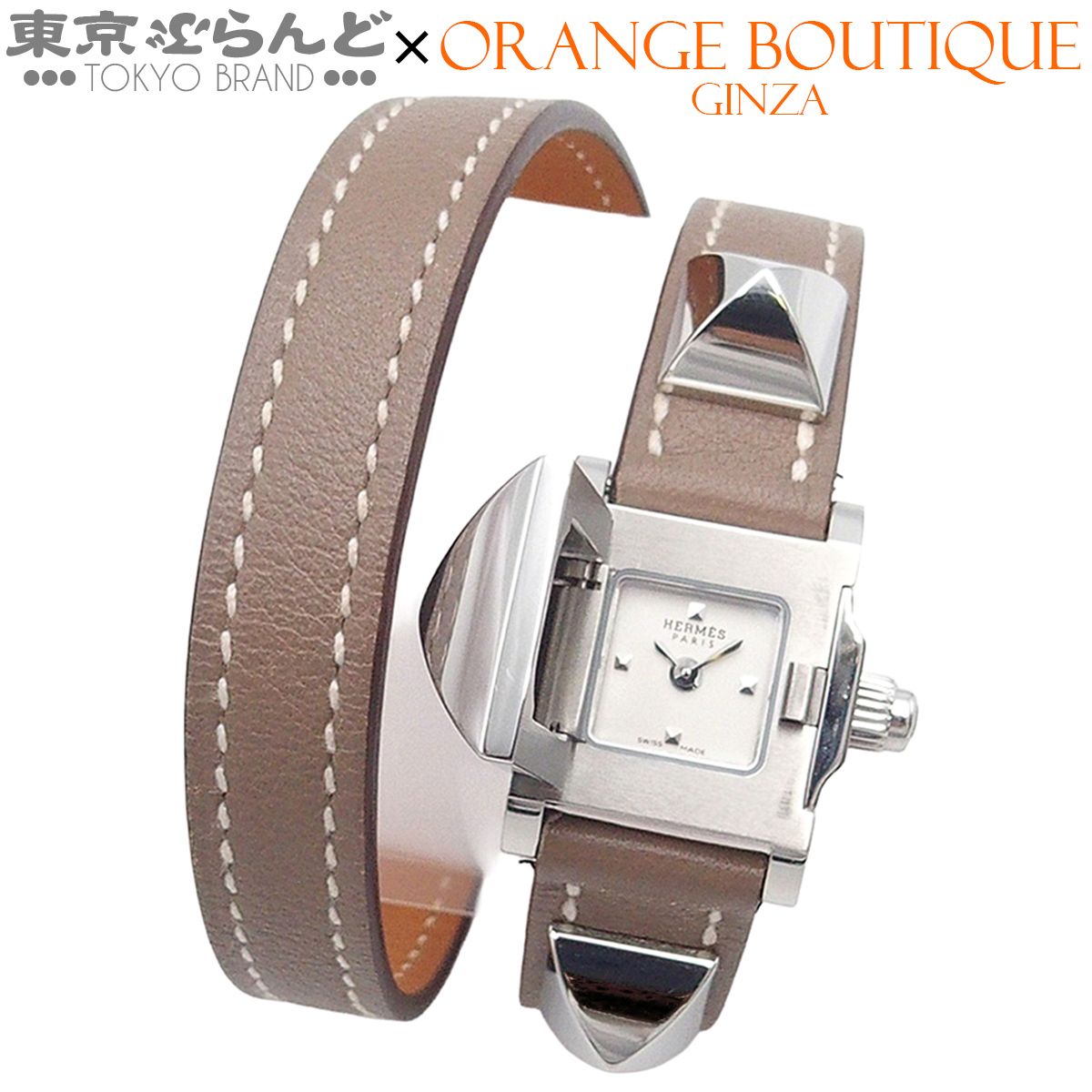 エルメス HERMES メドール ドゥブルトゥール ミニ ホワイトxエトゥープ SS レザー 腕時計 レディース クォーツ 電池交換済 101826878
