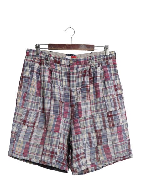 90s トミーヒルフィガー パッチワーク ショートパンツ メンズ L / 古着 オールド マドラス チェック ショーツ 短パン コットン ツータック