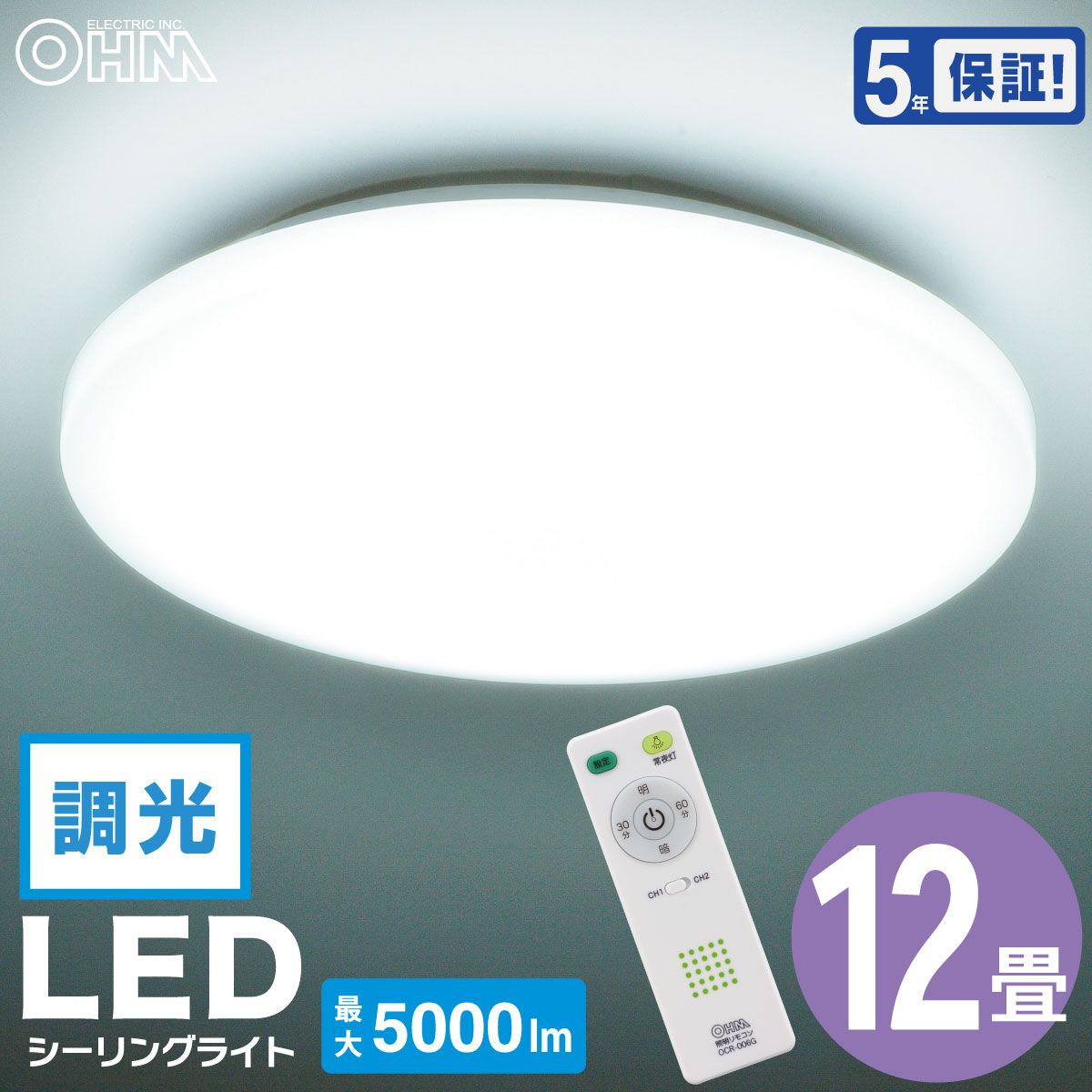 【新品】オーム電機 LEDシーリングライト 12畳用 調光 昼光色 リモコン付き｜LE-Y45DBG-W5 06-5597