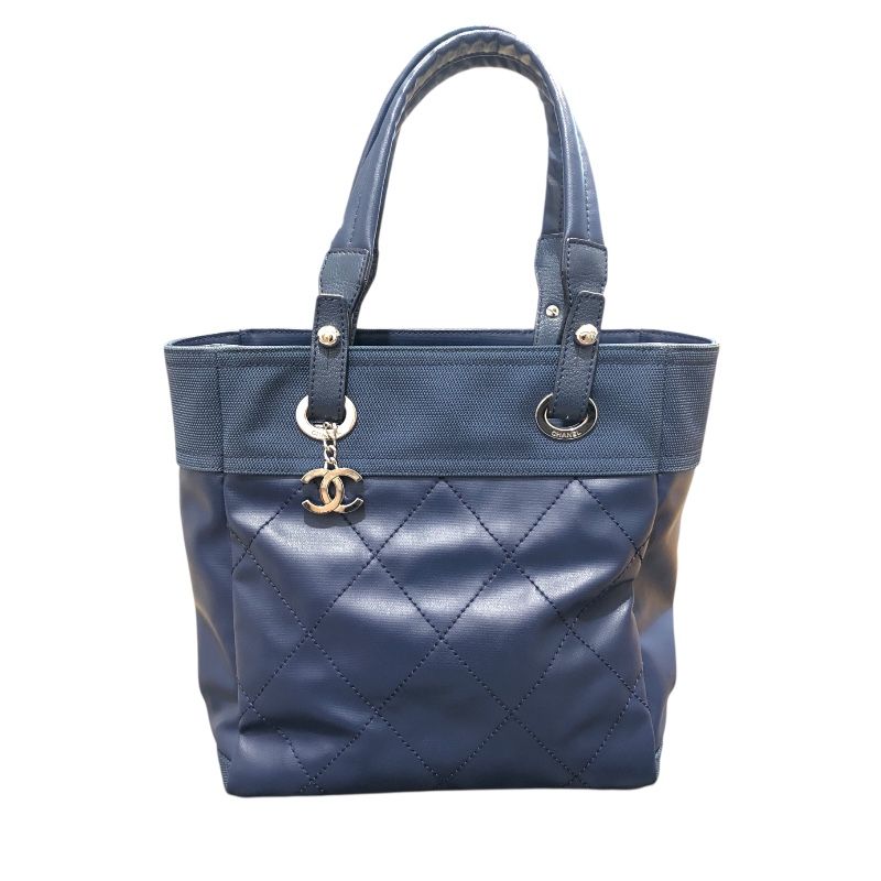 シャネル CHANEL パリビアリッツトートPM A34208　15番台 ネイビー ×シルバー金具 PVC×レザー レディース トートバッグ