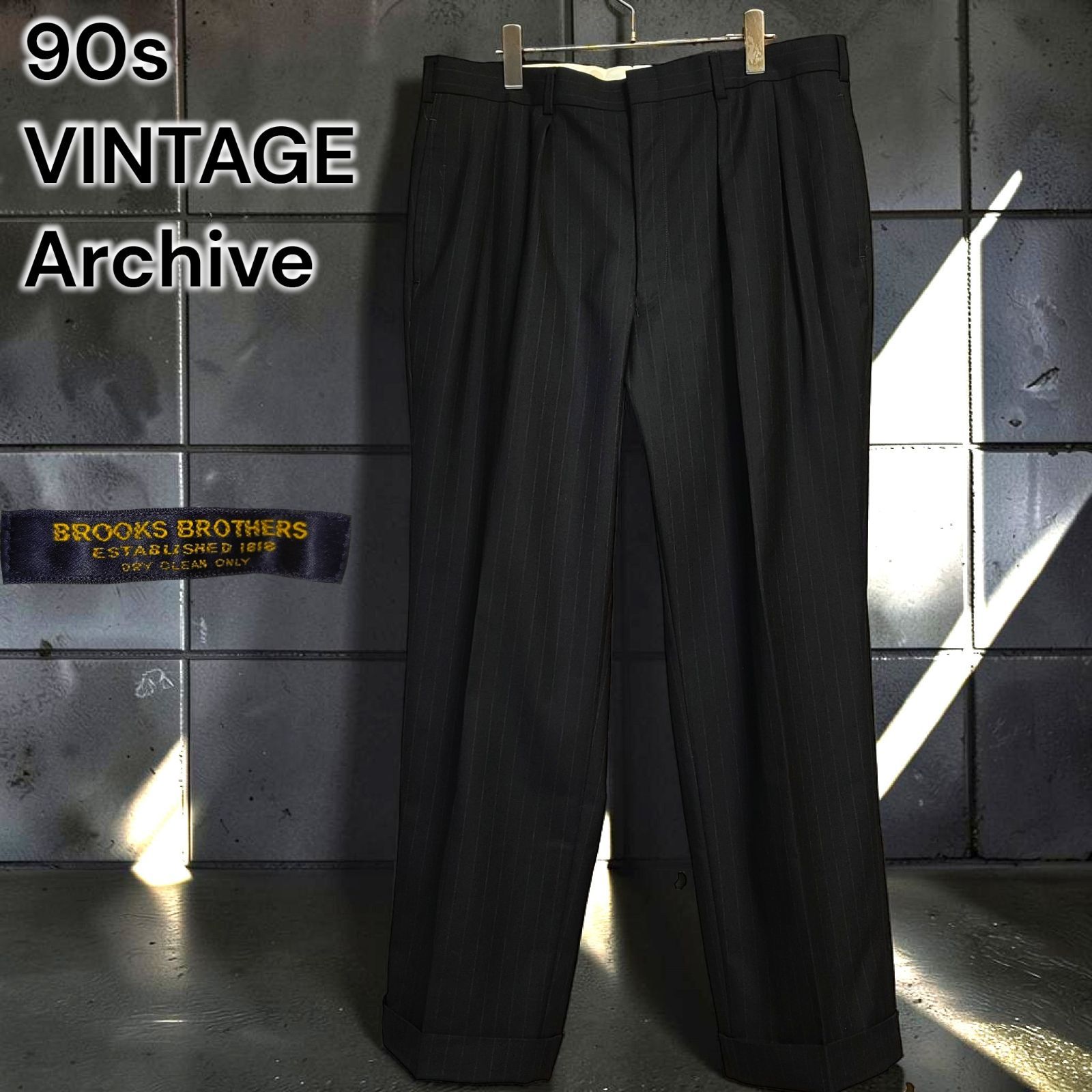 90s BROOKS BROTHERS VINTAGE Archive 最高級　ウール　スラックス　パンツ　ピンストライプ　濃紺　チャコール　２プリーツ　テーパード　トラウザーズ　ドレス　フォーマル　クラシック　ワイド　紳士服　贅沢 XLサイズ相当