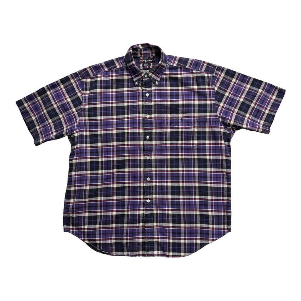 90s Polo Ralph Lauren BIG SHIRT 半袖 ボタンダウン チェックシャツ L パープル ポロラルフローレン ビッグシャツ コットン100％ オーバーサイズ BDシャツ