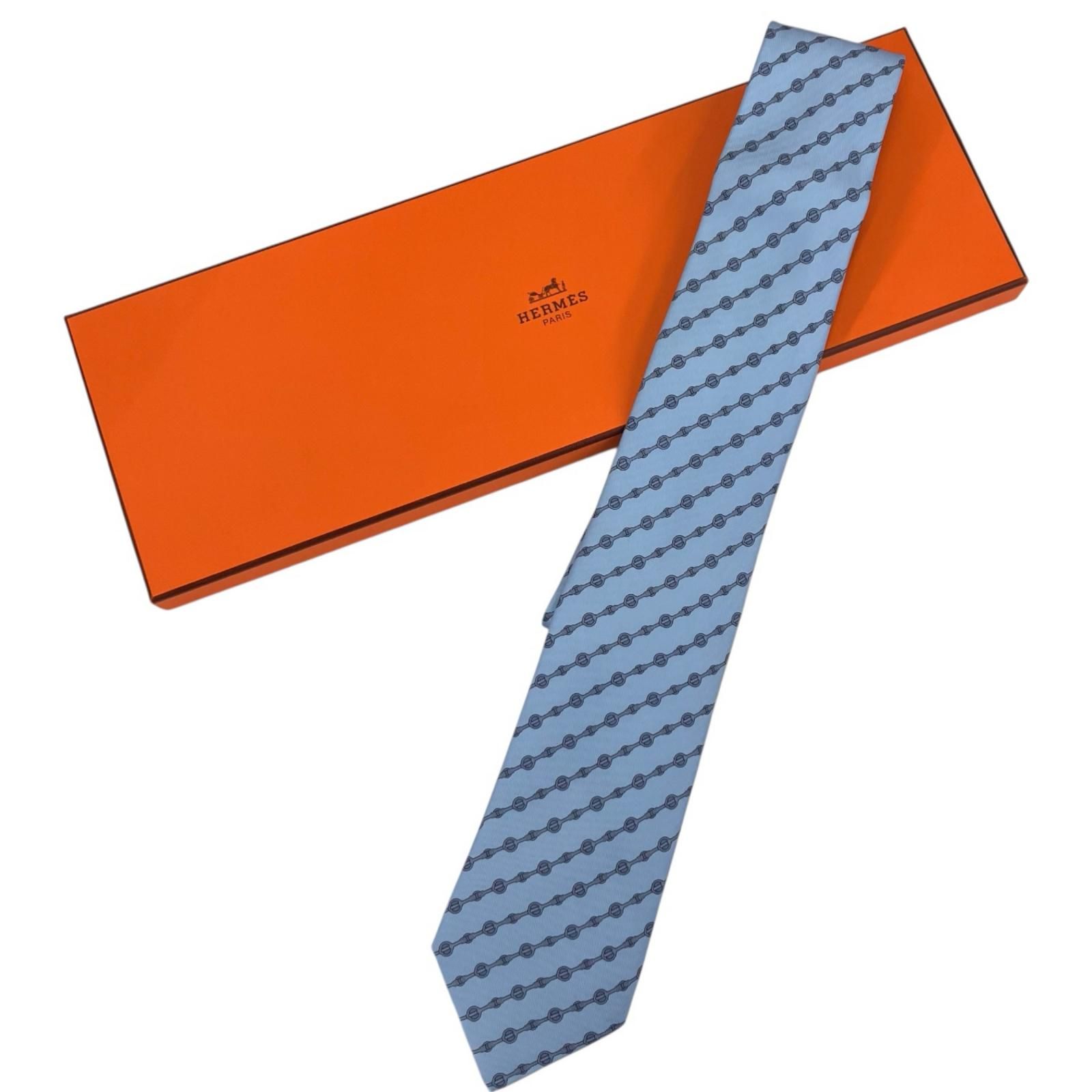186005 HERMES エルメス タグ付き　ネクタイ　総柄　ブルー