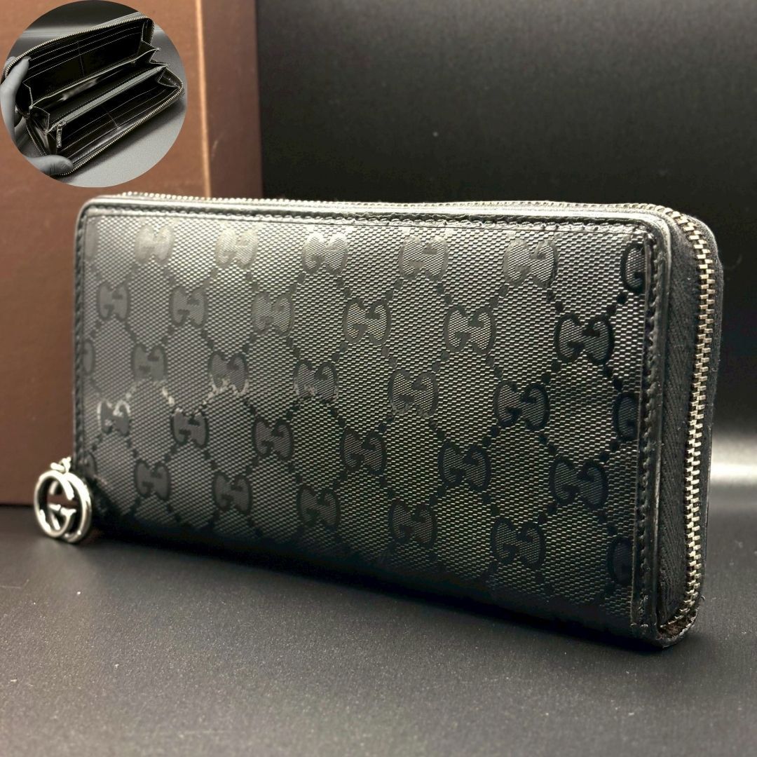 【静寂に宿る存在感】　GUCCI　長財布 GGインプリメ ラウンドファスナー 12カード GG柄 シルバー金具　ブラック