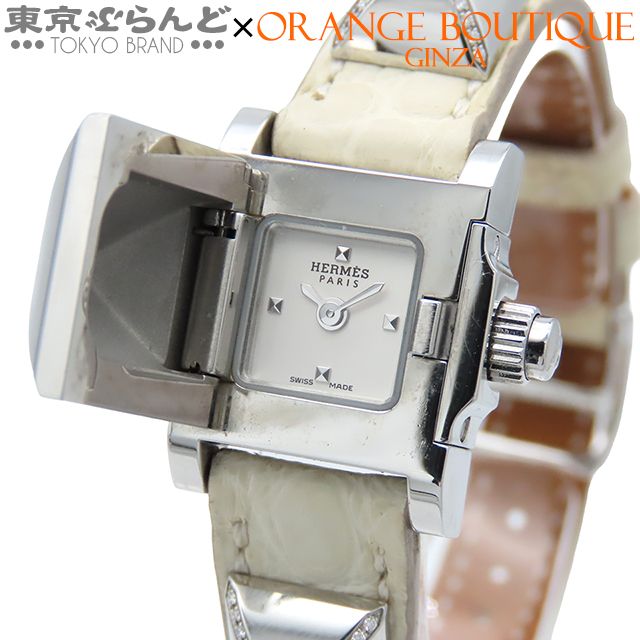 エルメス HERMES ミニメドール ME2.131 X刻印 ホワイト SS ダイヤモンド レザー 腕時計 レディース 電池式 2016年 101833098