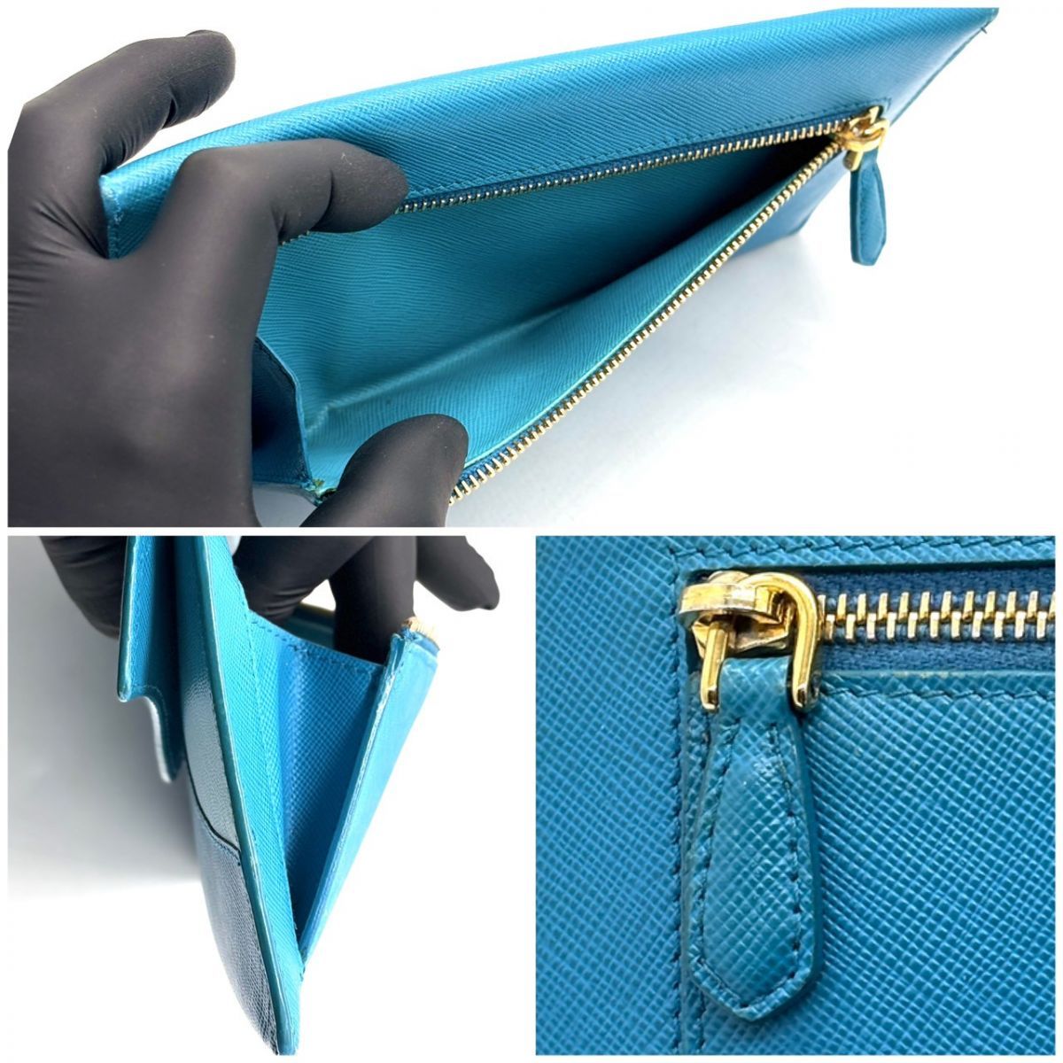 レア美品✨プラダ◇エンベロープ長財布　ゴールド金具バイカラーネイビーブルー 碧が描く余白】 PRADA 長財布 エンベロープ サフィアーノレザー