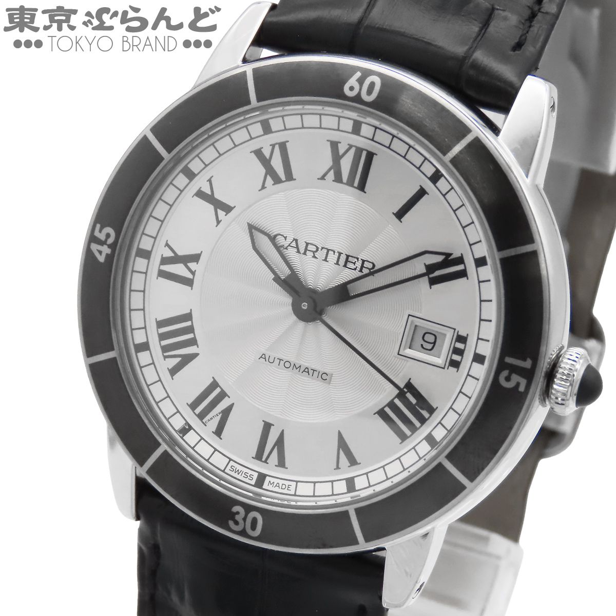 カルティエ CARTIER ロンド クロワジエール WSRN0002 シルバー SS レザー 箱 保証書付 腕時計 メンズ 自動巻 101872488