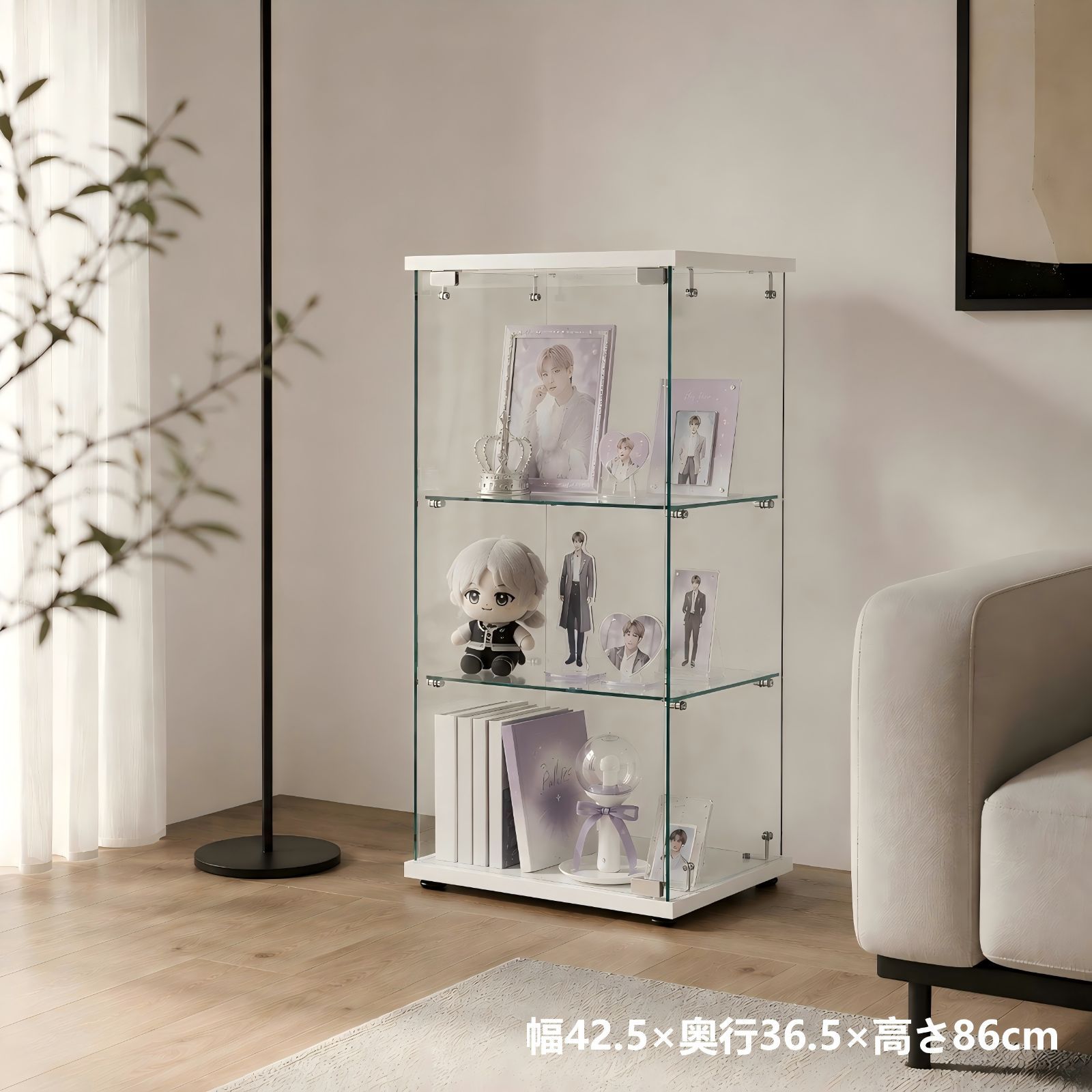 コレクションケース ガラスディスプレイキャビネット フィギュアケース 収納ラック ショーケース 飾り棚 展示収納 強化ガラス 全面ガラス 4面ガラス MDF 3段 ホワイト 幅42.5cm 奥行36.5cm 高さ86cm 棚板38.5×32