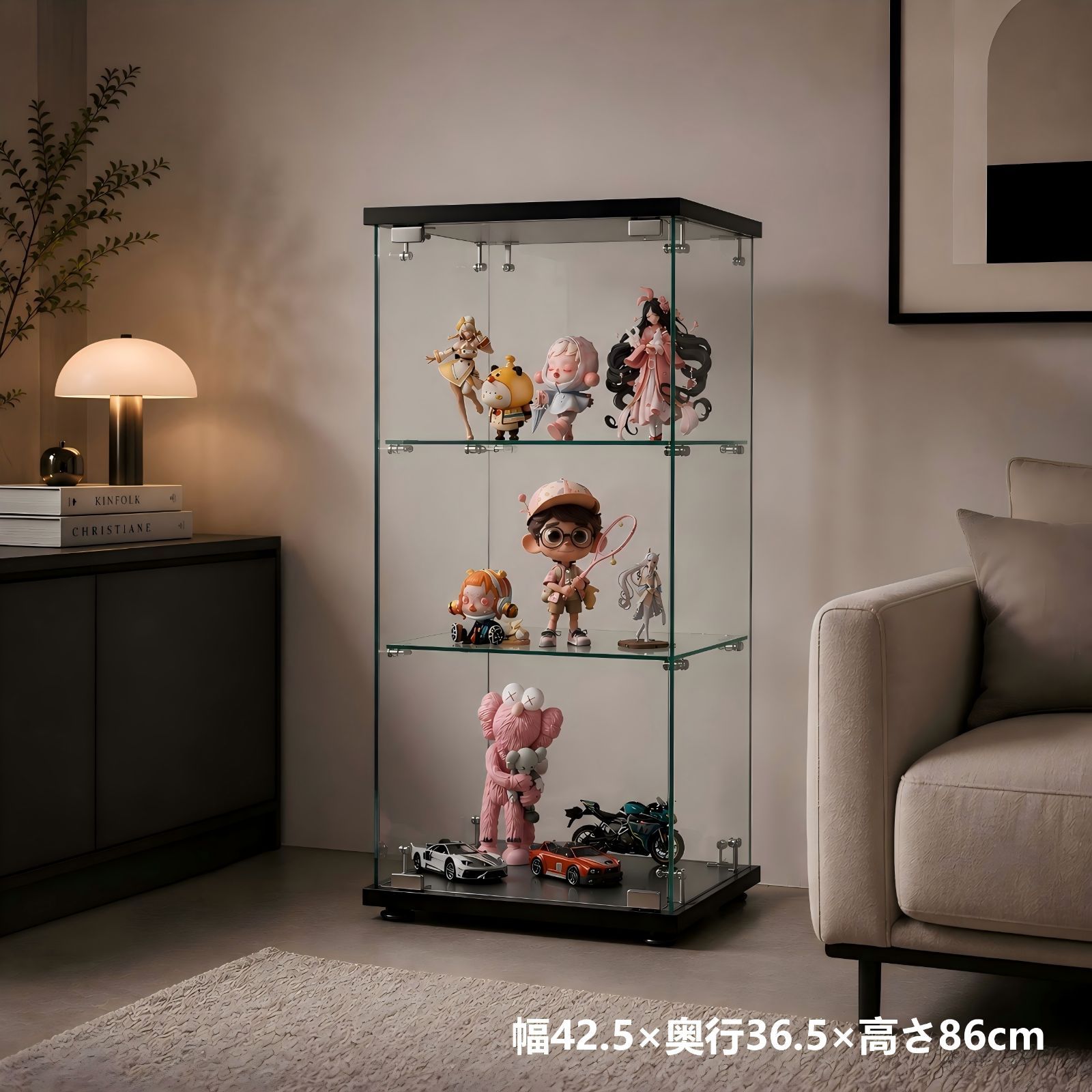 コレクションケース ガラスディスプレイキャビネット フィギュアケース 収納棚 飾り棚 ショーケース 全面ガラス 強化ガラス 3段 ブラック MDF 省スペース 防塵 幅42.5cm 奥行36.5cm 高さ86cm 棚板38.5×32.2cm