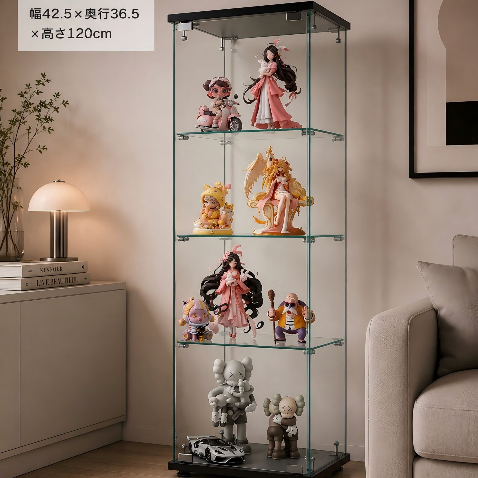 コレクションケース ガラスディスプレイキャビネット フィギュアケース 収納ラック 飾り棚 全面ガラス 4段 ブラック 強化ガラス MDF プッシュ式 片開き 防塵 省スペース 幅42.5cm 奥行36.5cm 高さ120cm 棚板38.5×