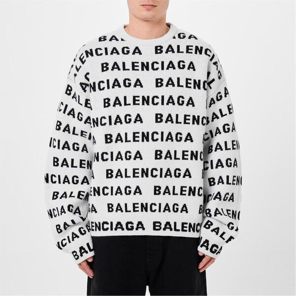 バレンシアガ メンズ アウター ニット・セーター セーター ロゴ BALENCIAGA AllOver Logo Sweater BlackWhite ホワイト