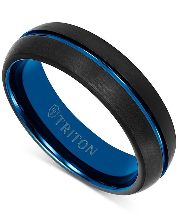 トリトン メンズ アクセサリー リング Triton Mens TwoTone Brushed Finish Wedding Band Black Tungsten Carbide Blue Blac
