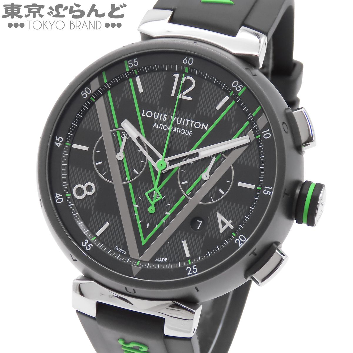 ルイヴィトン LOUIS VUITTON タンブール クロノグラフ ダミエ グラフィット レース QA130Z ブラック SS ラバー 腕時計 メンズ 自動巻 101858807