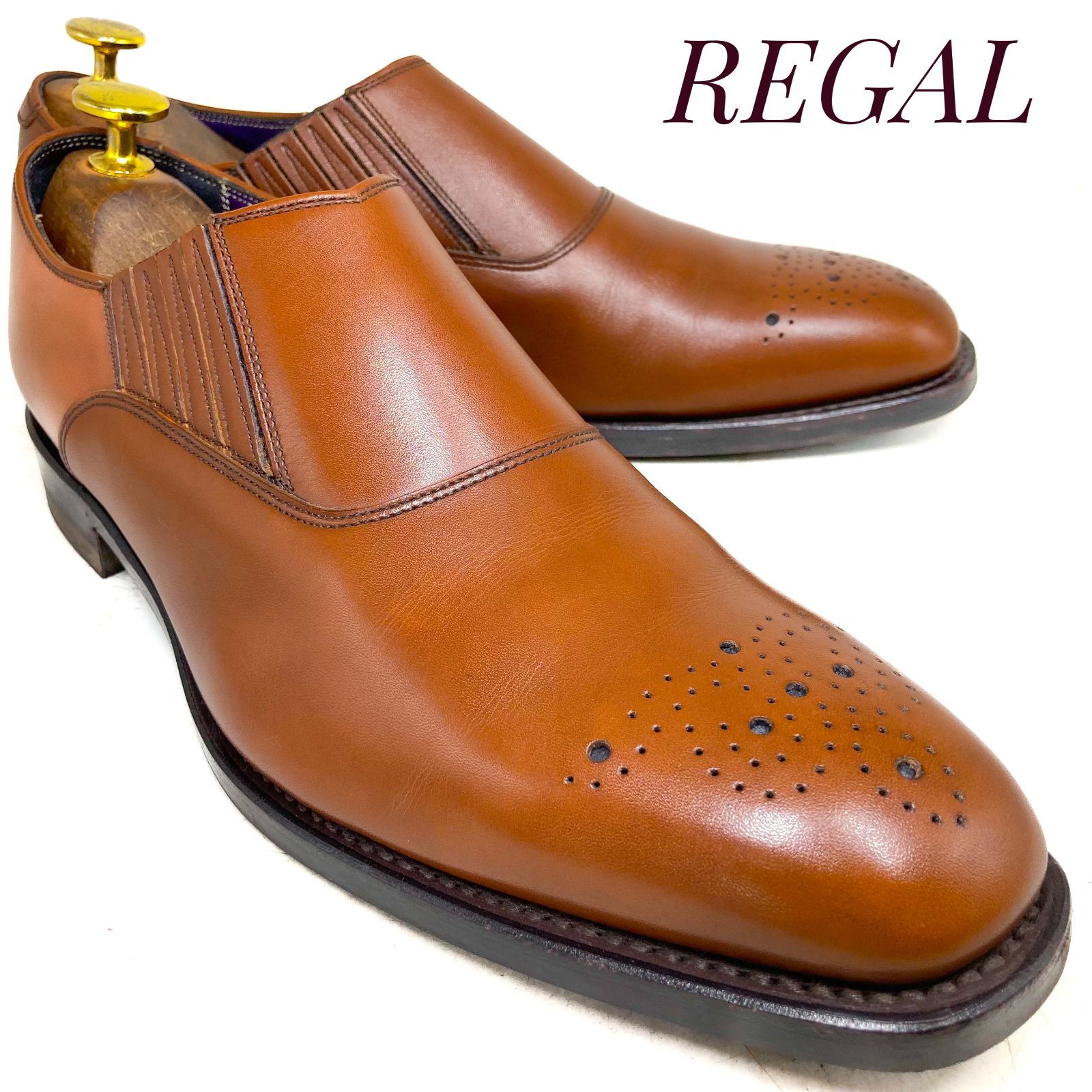 【ほぼ未使用】REGAL リーガル メダリオン サイドエラスティックローファー W777 ダイナイトソール 茶 ブラウン 24.5cm　革靴 ローファー ドレス カジュアル 本革 本皮 メンズ