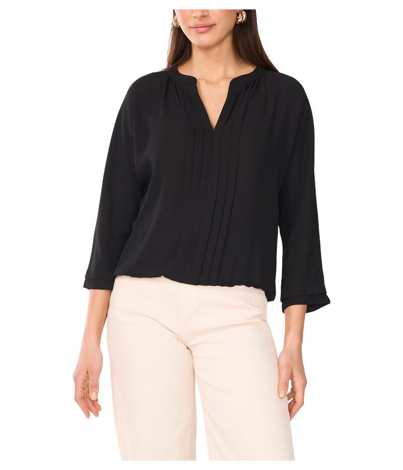 ヴィンスカムート レディース トップス シャツ Vネック プリーツ Vince Camuto VNeck Pleated Front Panel Short Sleeve Rich Black ブラッ