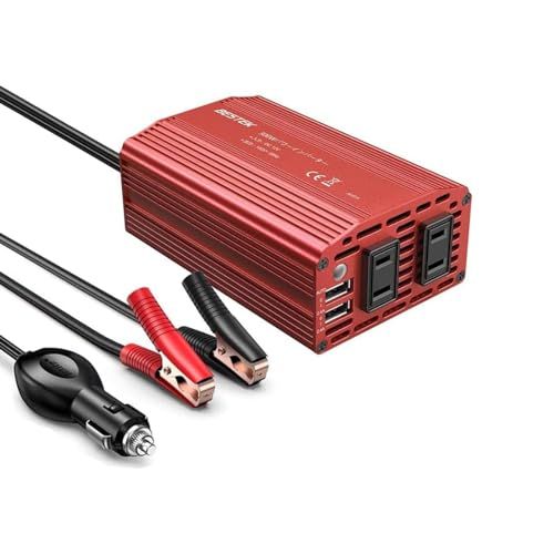 【新品】BESTEK インバーター シガーソケット コンセント 300W DC12VをAC100Vに変換 USB2ポート搭載 12V車専用 カーインバーター 車載用インバーター 赤 MRI3010BU(バッテリー接続コードあり)