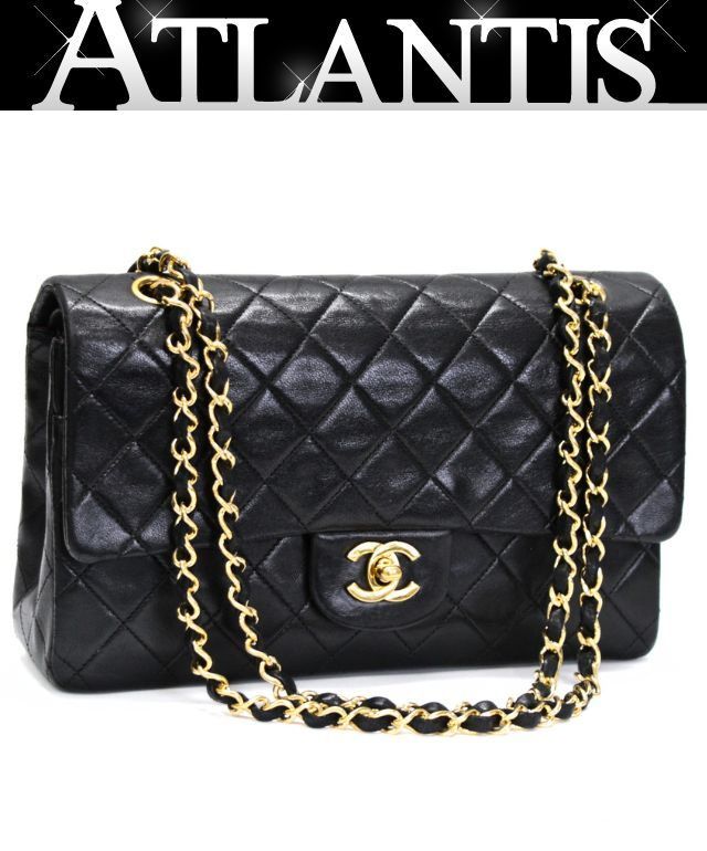 CHANEL シャネル マトラッセ23 ダブルフラップチェーンショルダーバッグ ラム 黒 G金具 1番台 【74958】