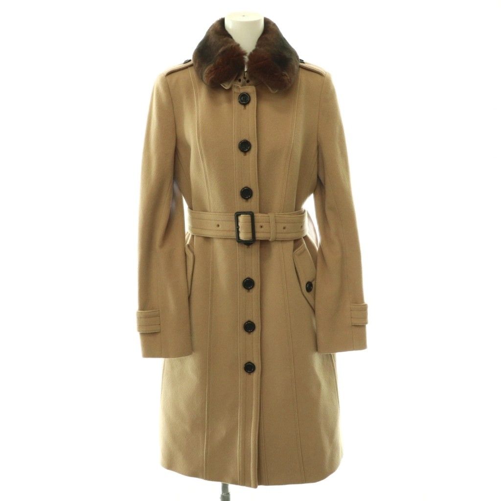 バーバリー ロンドン BURBERRY LONDON ラビットファー ウールカシミヤ ベルトコート 36 ベージュ ブラウン /ES ■OS