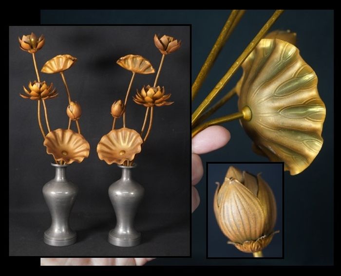 仏花　1対　仏教美術　寺院　銅器　蓮花　花器付　錫花入　常花　密教　仏華　時代