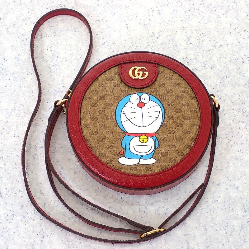 グッチ GUCCI ミニGGスプリームショルダー ドラえもんコラボ 625216 バッグ レザー PU ボルドー ブラウン ゴールド金具 レディース【中古】【Aランク】