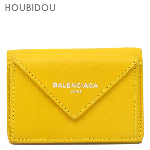 バレンシアガ BALENCIAGA 三つ折り財布 ペーパー ミニ ウォレット レザー イエロー シルバー金具 コンパクトウォレット 391446【中古】