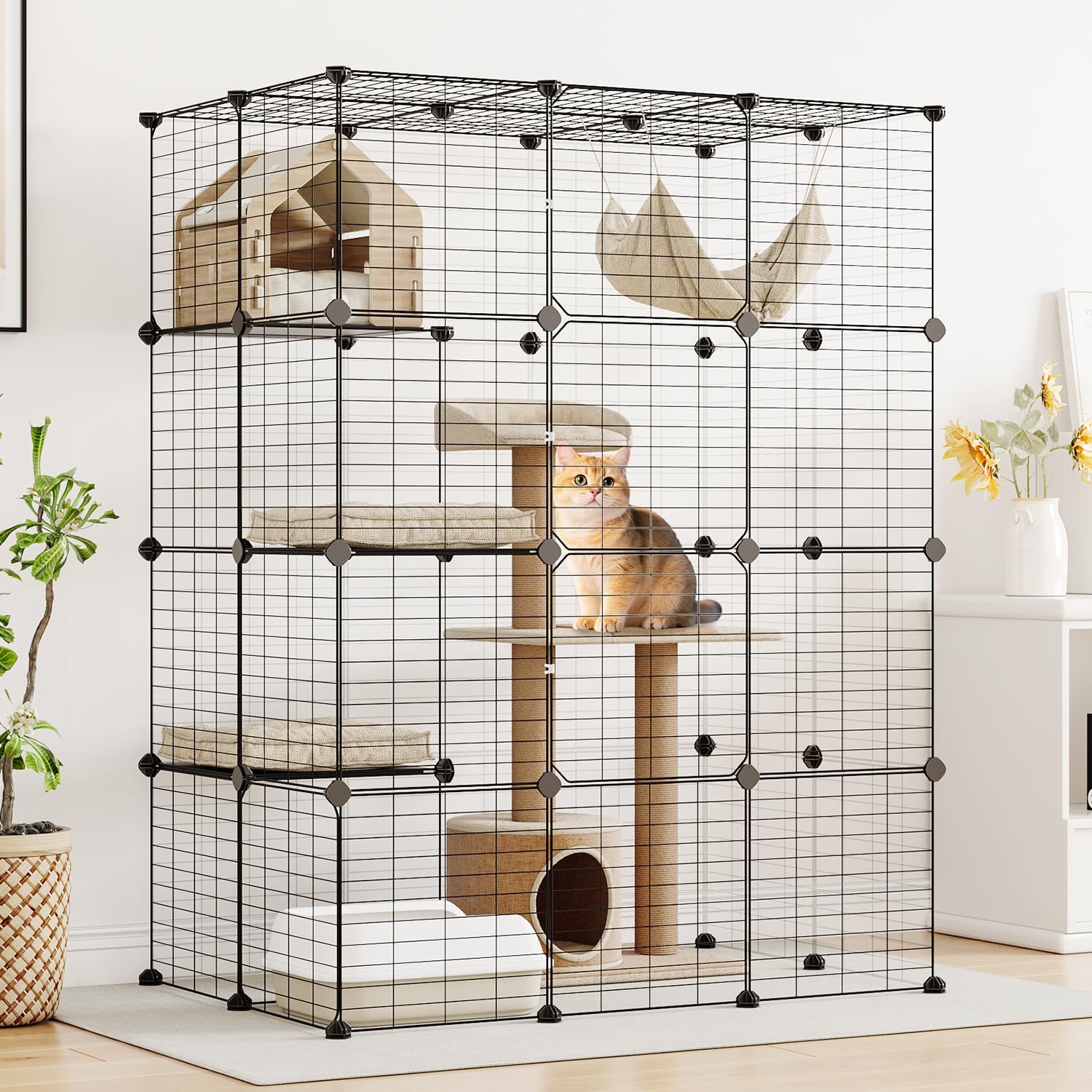 猫 ケージ 大型 3段 多頭飼い キャットケージ 大型猫 猫用ケージ 広い 組立簡単 組替え自由 おしゃれ キャットケージ 大きい 足場 ワイド 増やせる 脱走防止 室内飼い 日本語説明書付き 幅105×奥行き70×高さ140cm ブラックm 1d220288