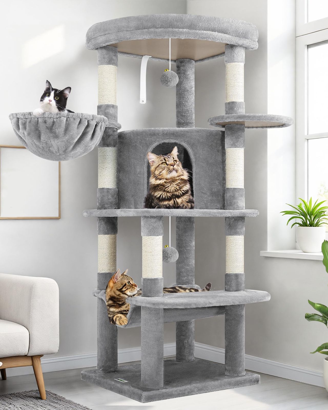 Globlazer キャットタワー コーナ猫タワー 猫ハウス 大型猫 据え置 き 天然麻紐 爪とぎポール 隠れ家 展望台 ハンモック ポンポン おもちゃ 転倒防止装置 優しい丸角設計 おしゃれ 省スペース 登りやすい 組立簡単 頑丈 安定感 572e1ff1
