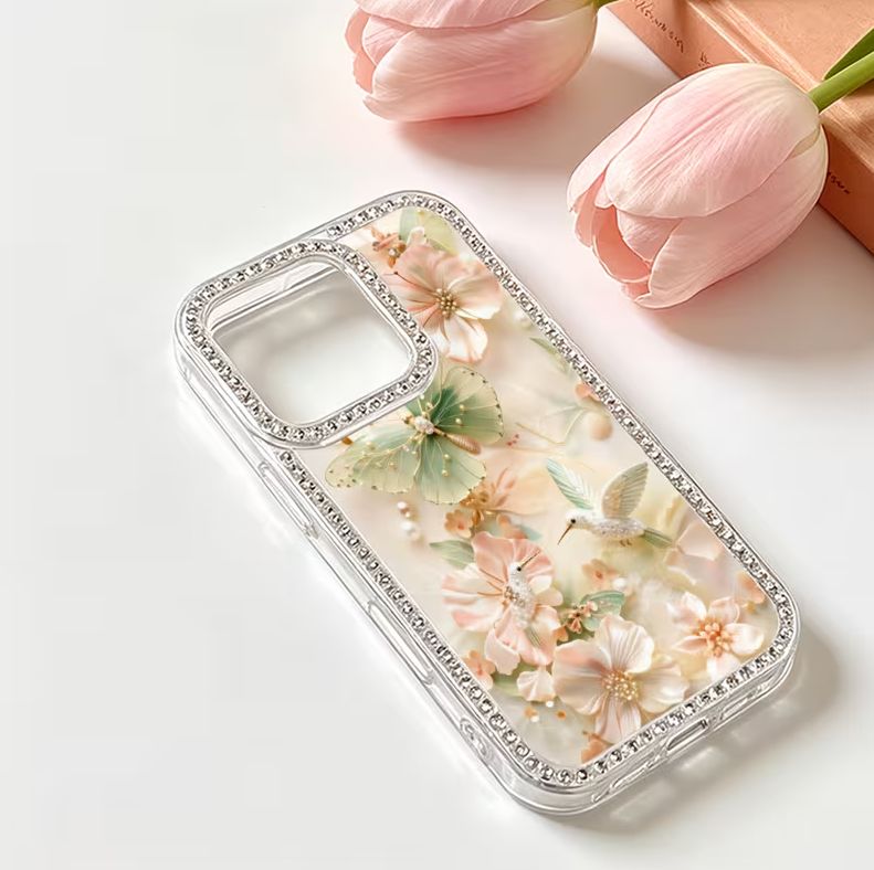 iPhone 14/13 ラインストーン付 花柄蝶 バタフライケース - メルカリ