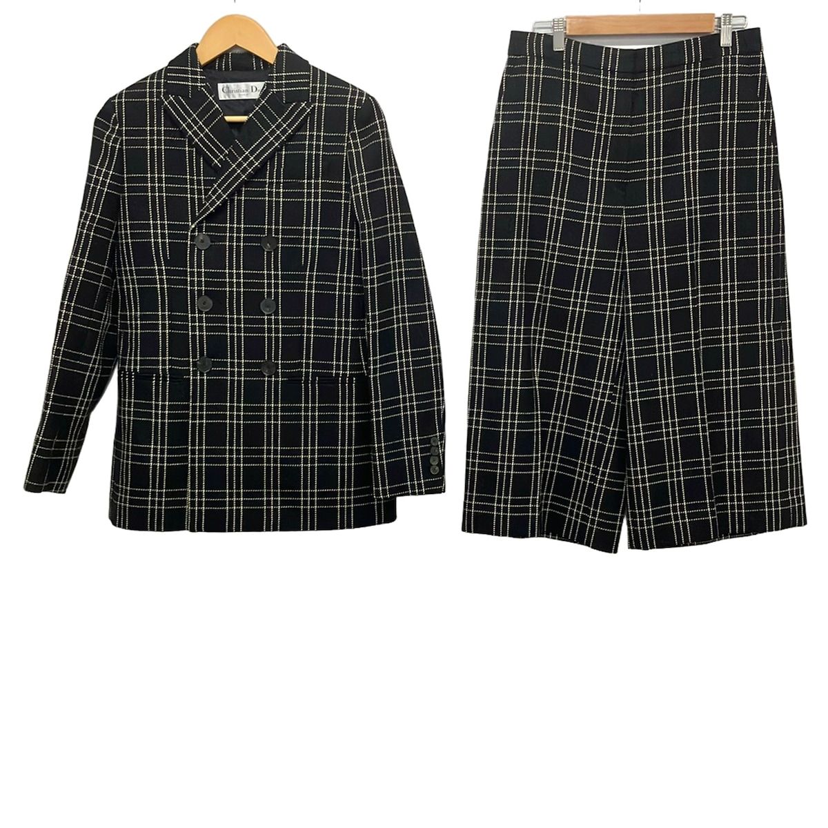 DIOR/ChristianDior(ディオール/クリスチャンディオール) レディースパンツスーツ レディース美品 - 黒×アイボリー チェック柄/ダブル