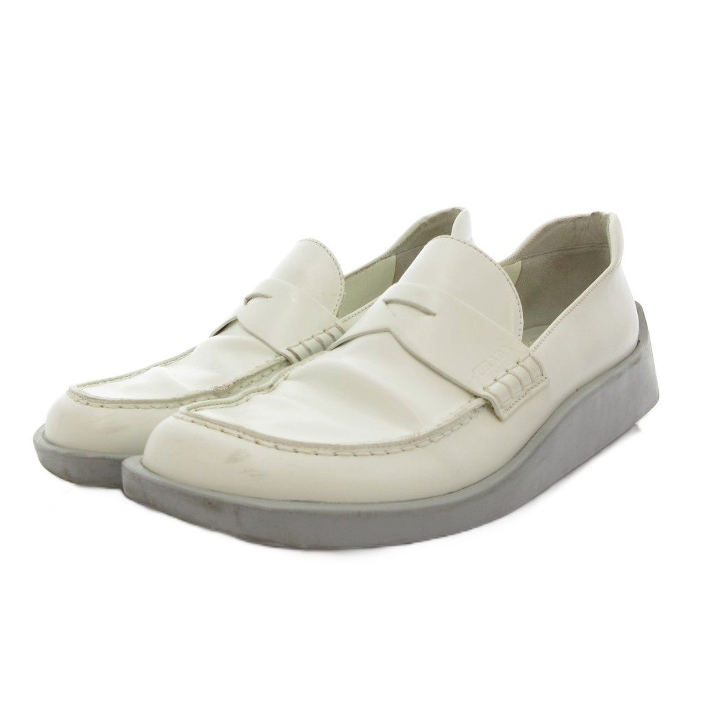 プラダ PRADA コインローファー シューズ スクエアトゥ ロゴ レザー グレー 白 ホワイト イタリア製 /KB ■GY62