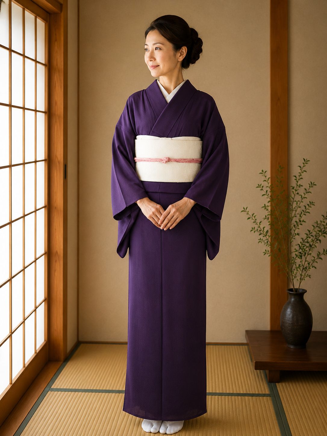 未使用級 美品 藤紫色 駒絽 色無地 紋なし 正絹 夏着物 しつけ付