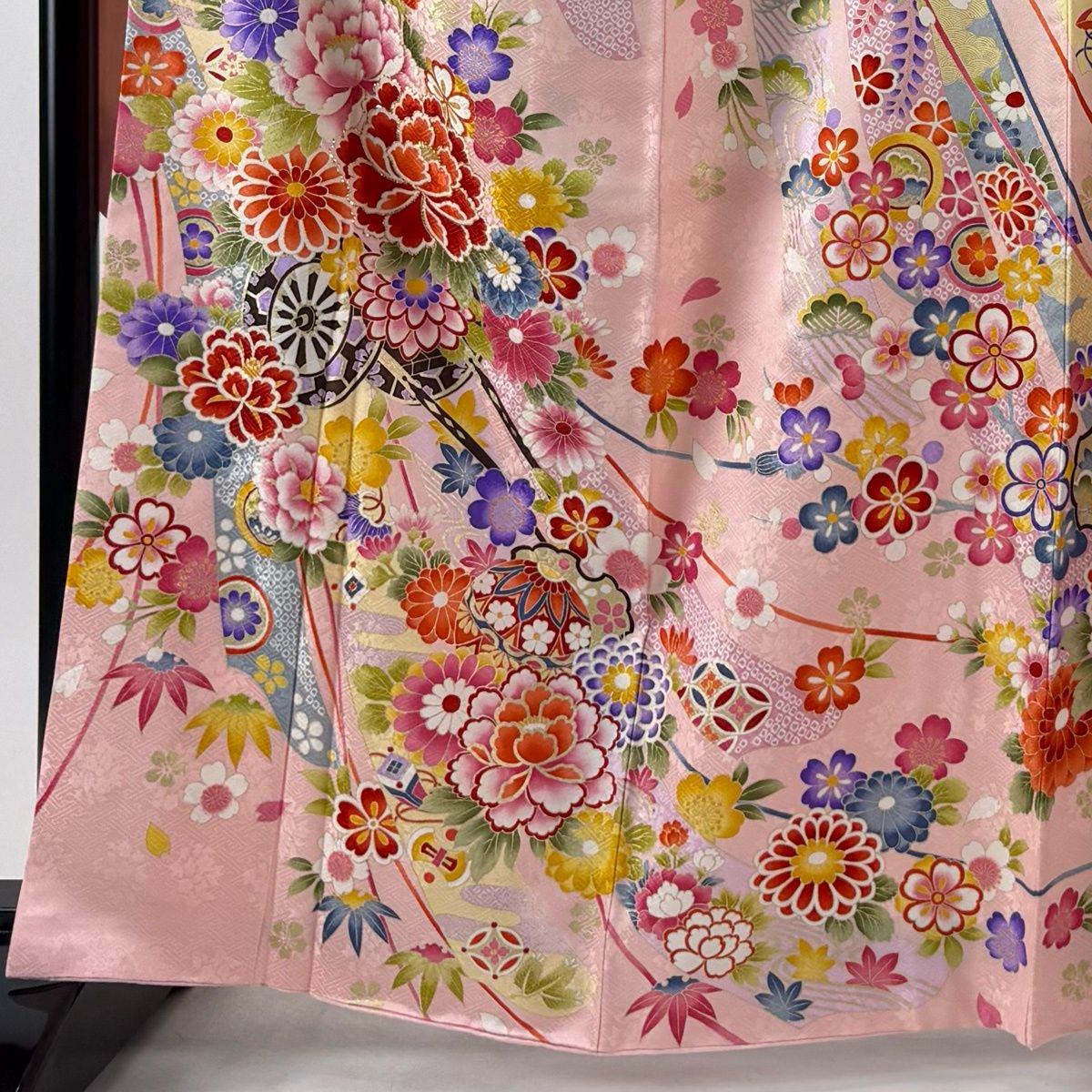 美品】 振袖 身丈164cm 裄丈68cm L 袷 袋帯フルセット 花車 松竹梅 箔 