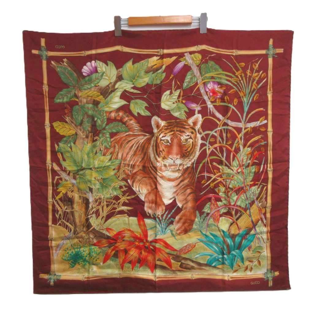 グッチ GUCCI 美品 ヴィンテージ シルクスカーフ 大判 トラ柄 タイガー × バンブー アニマル柄