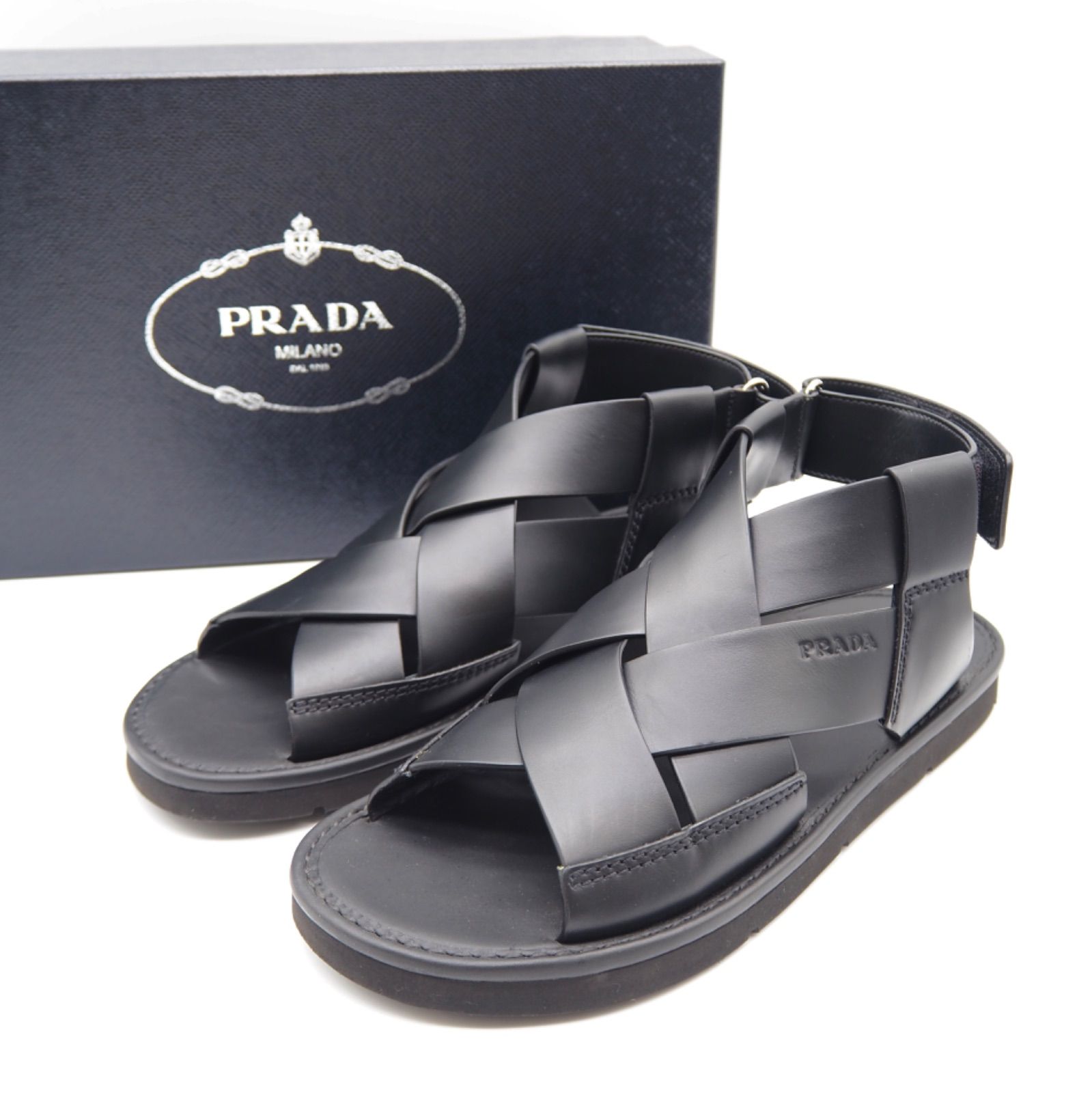 【美品】PRADA クロスストラップ サンダル　レザー ブラック プラダ