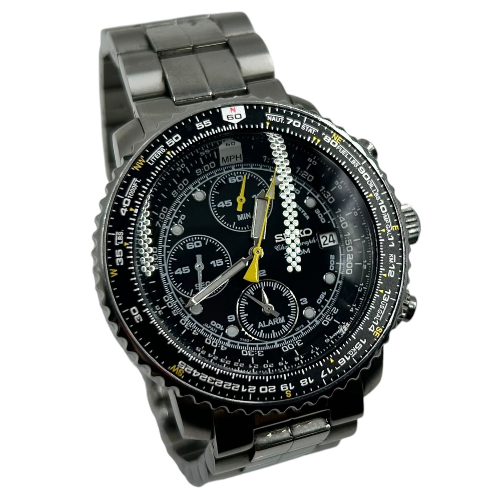 ■SEIKO クロノグラフ アラーム 7T62-0EB0 200m防水 デイト ブラック文字盤 ステンレス 腕時計 不動 腕回り約20cm2624006,2624006