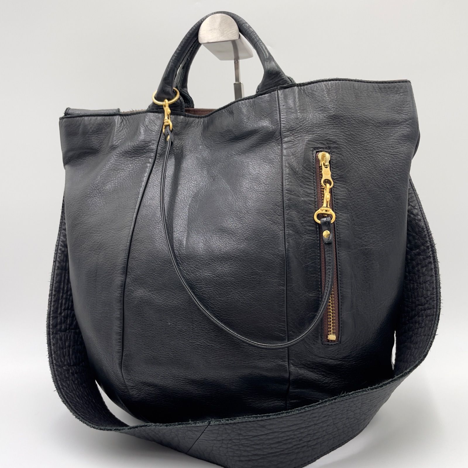 HIRAMEKI ヒラメキ 2way トートバッグ ショルダーバッグ ラフヴィンテージ オイルドレザー シボ感 ゴールド金具 A4可 ブラック 黒